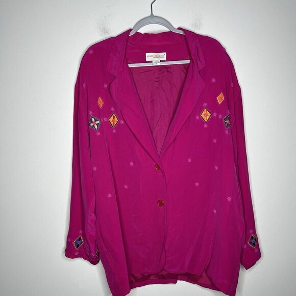 Adam Douglass Vintage Silk‎ Blazer Womens XL Embroidered Beaded Pink Boho 90s - Picture 13 of 16